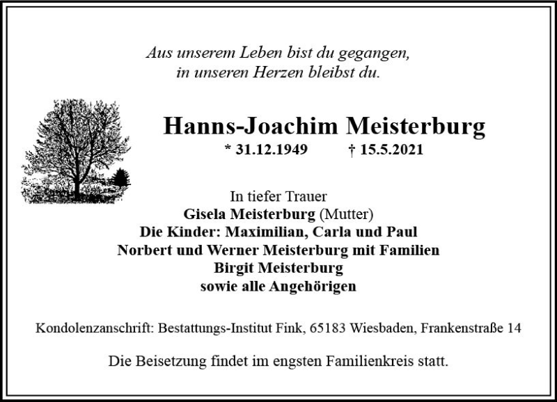  Traueranzeige für Hanns-Joachim Meisterburg vom 22.05.2021 aus vrm-trauer