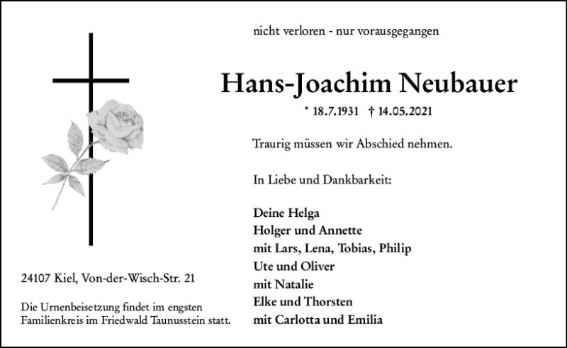  Traueranzeige für Hans-Joachim Neubauer vom 15.05.2021 aus vrm-trauer