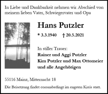 Traueranzeige von Hans Putzler von vrm-trauer