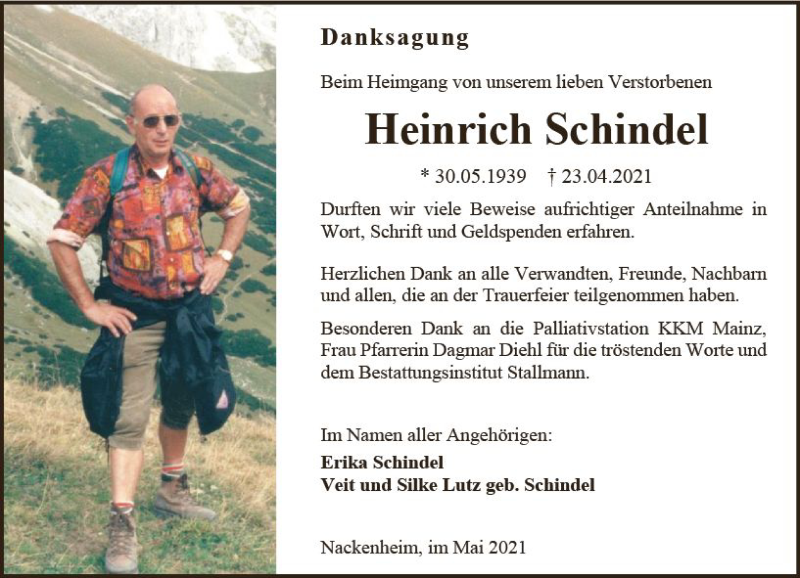  Traueranzeige für Heinrich Schindel vom 22.05.2021 aus vrm-trauer