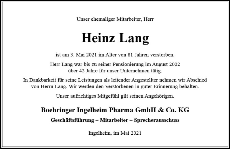  Traueranzeige für Heinz Lang vom 11.05.2021 aus vrm-trauer
