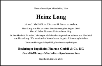 Traueranzeige von Heinz Lang von vrm-trauer