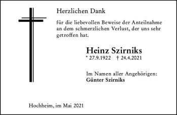 Traueranzeige von Heinz Szirniks von vrm-trauer