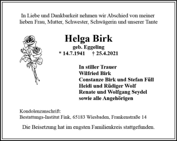 Traueranzeige von Helga Birk von vrm-trauer