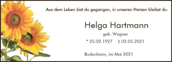 Traueranzeige von Helga Hartmann von vrm-trauer