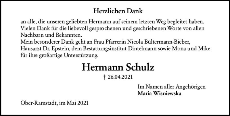  Traueranzeige für Hermann Schulz vom 22.05.2021 aus vrm-trauer