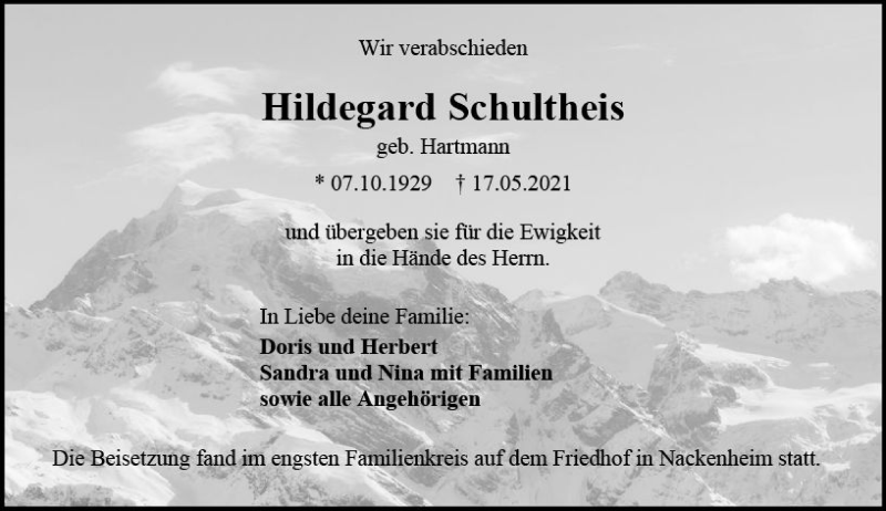  Traueranzeige für Hildegard Schultheis vom 29.05.2021 aus vrm-trauer