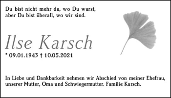 Traueranzeige von Ilse Karsch von vrm-trauer