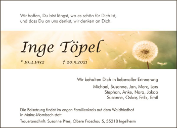 Traueranzeige von Inge Töpel von vrm-trauer