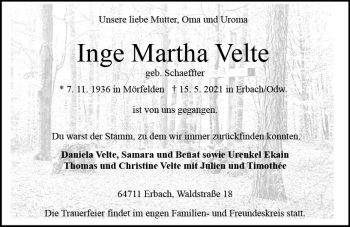 Traueranzeige von Inge Martha Velte von vrm-trauer