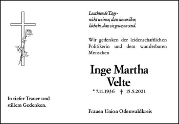 Traueranzeige von Inge Martha Velte von vrm-trauer