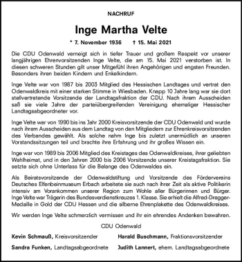 Traueranzeige von Inge Martha Velte von vrm-trauer