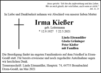 Traueranzeige von Irma Kießer von vrm-trauer