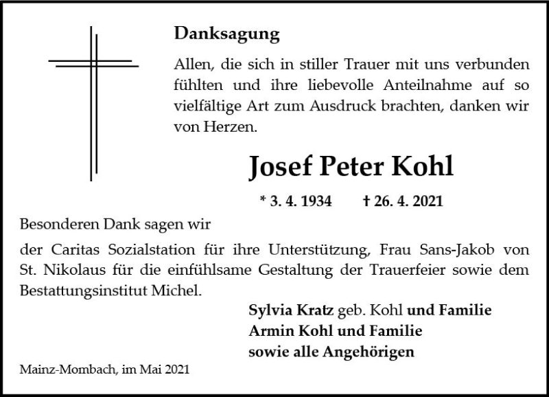  Traueranzeige für Josef Peter Kohl vom 22.05.2021 aus vrm-trauer