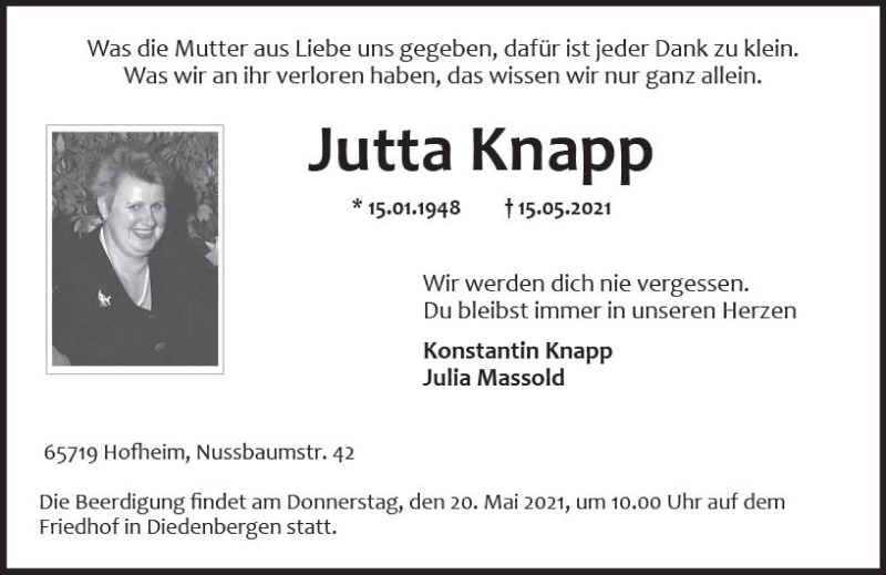  Traueranzeige für Jutta Knapp vom 18.05.2021 aus vrm-trauer
