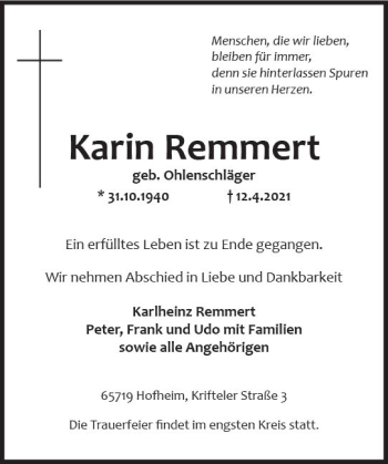 Traueranzeige von Karin Remmert von vrm-trauer