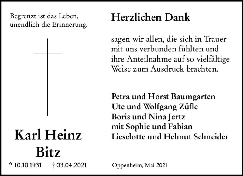  Traueranzeige für Karl Heinz Bitz vom 29.05.2021 aus vrm-trauer