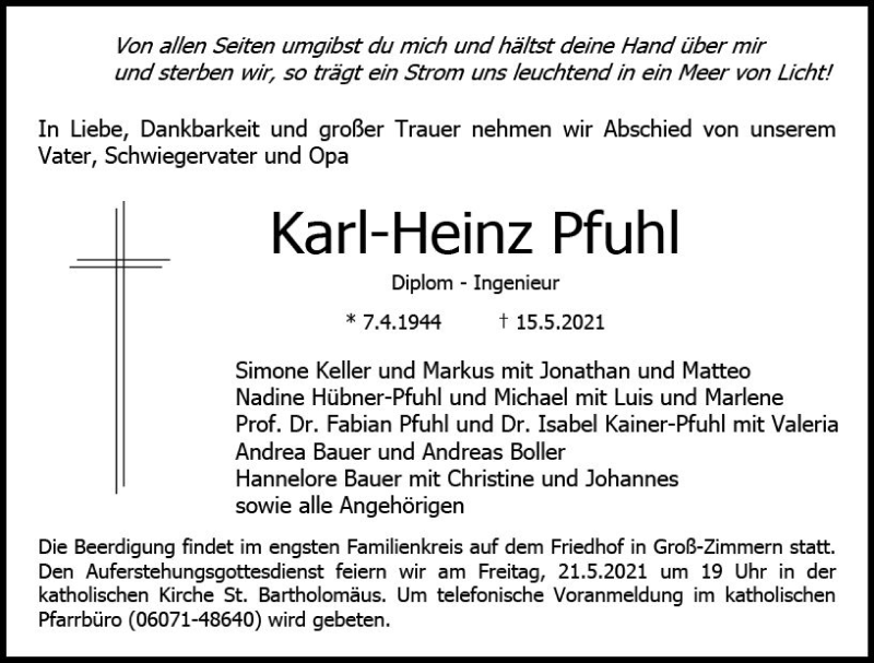  Traueranzeige für Karl Heinz Pfuhl vom 20.05.2021 aus vrm-trauer