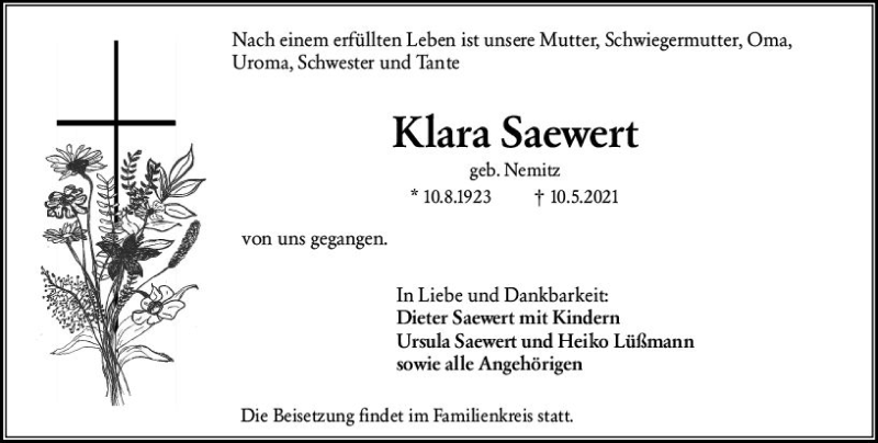  Traueranzeige für Klara Saewert vom 22.05.2021 aus vrm-trauer