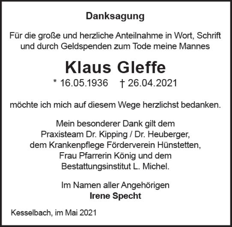  Traueranzeige für Klaus Gleffe vom 22.05.2021 aus vrm-trauer