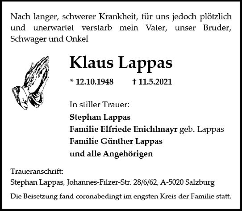  Traueranzeige für Klaus Lappas vom 29.05.2021 aus vrm-trauer