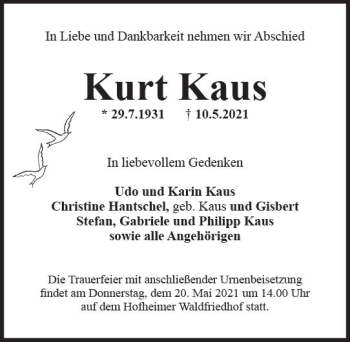 Traueranzeige von Kurt Kaus von vrm-trauer