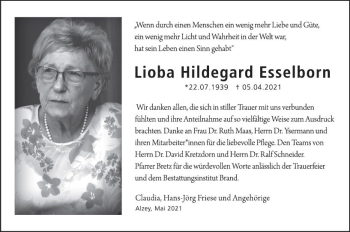 Traueranzeige von Lioba Hildegard Esselborn von vrm-trauer