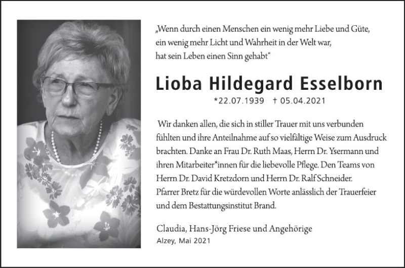  Traueranzeige für Lioba Hildegard Esselborn vom 15.05.2021 aus vrm-trauer