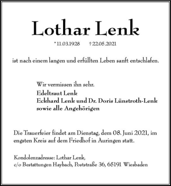 Traueranzeige von Lothar Lenk von vrm-trauer