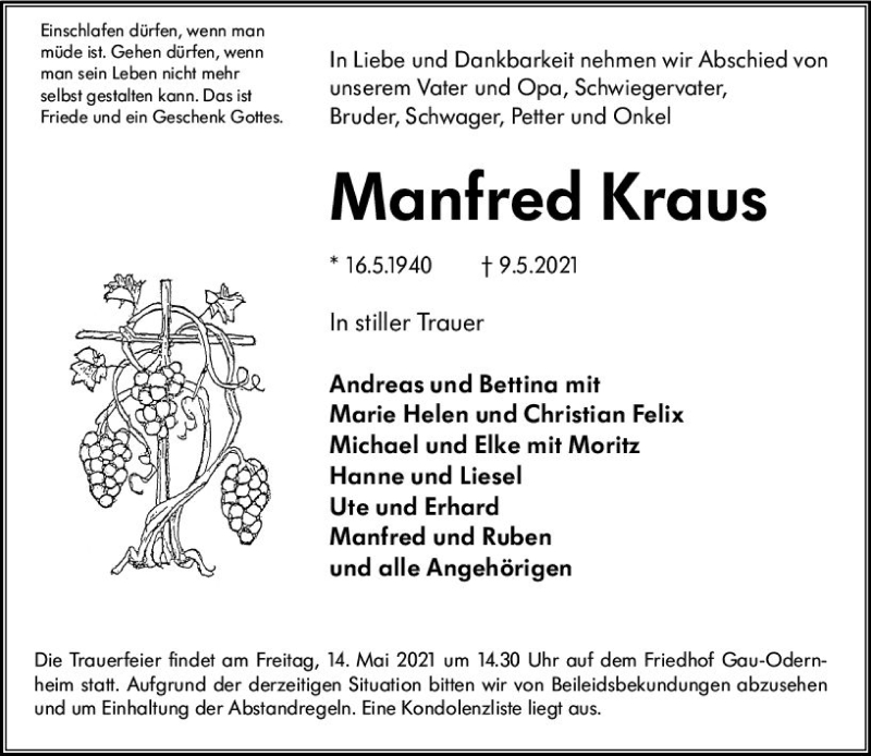  Traueranzeige für Manfred Kraus vom 12.05.2021 aus vrm-trauer