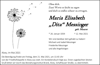 Traueranzeige von Maria Elisabeth Messinger von vrm-trauer