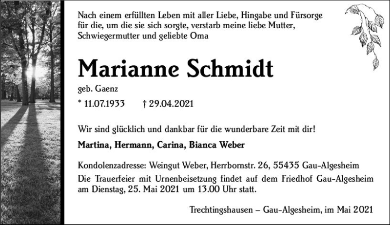  Traueranzeige für Marianne Schmidt vom 15.05.2021 aus vrm-trauer