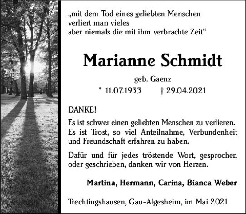 Traueranzeige für Marianne Schmidt vom 29.05.2021 aus vrm-trauer