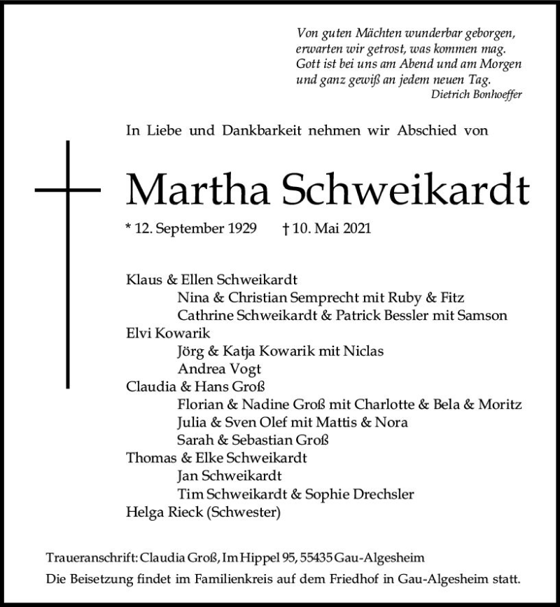  Traueranzeige für Martha Schweikardt vom 22.05.2021 aus vrm-trauer