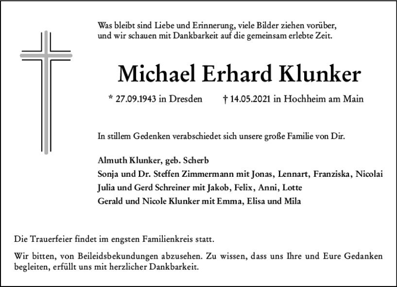  Traueranzeige für Michael Erhard Klunker vom 21.05.2021 aus vrm-trauer