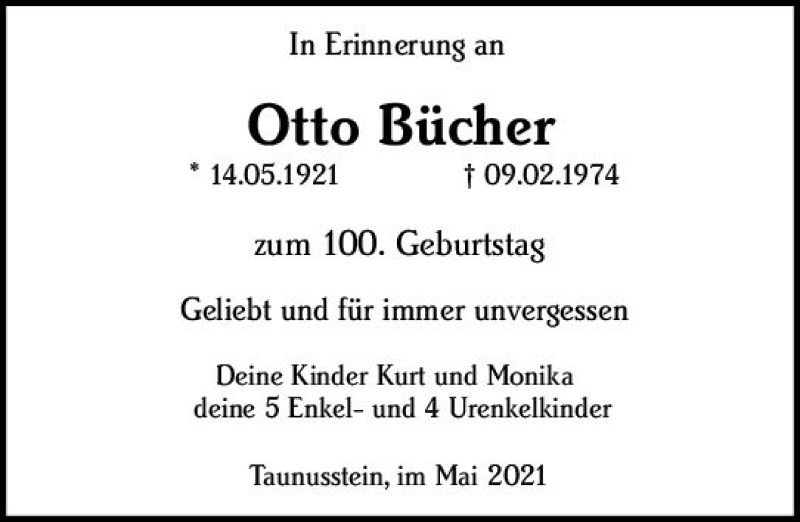  Traueranzeige für Otto Bücher vom 14.05.2021 aus vrm-trauer