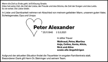 Traueranzeige von Peter Alexander  von vrm-trauer