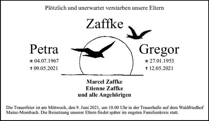  Traueranzeige für Petra Zaffke vom 29.05.2021 aus vrm-trauer
