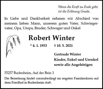 Traueranzeige von Robert Winter von vrm-trauer