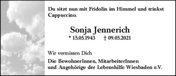 Traueranzeige von Sonja Jennerich von vrm-trauer