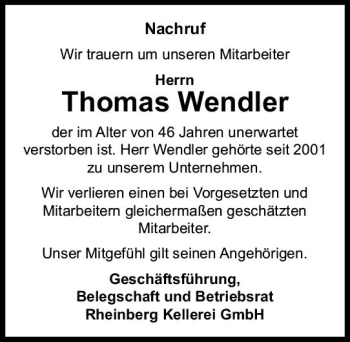 Traueranzeige von Thomas Wendler von vrm-trauer