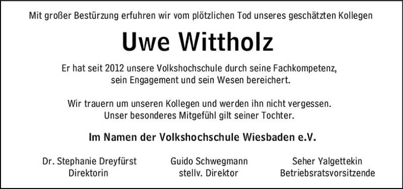  Traueranzeige für Uwe Wittholz vom 15.05.2021 aus vrm-trauer