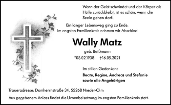 Traueranzeige von Wally Matz von vrm-trauer