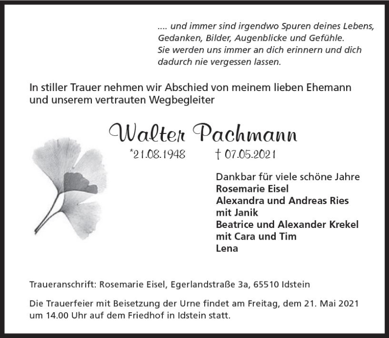  Traueranzeige für Walter Pachmann vom 15.05.2021 aus vrm-trauer