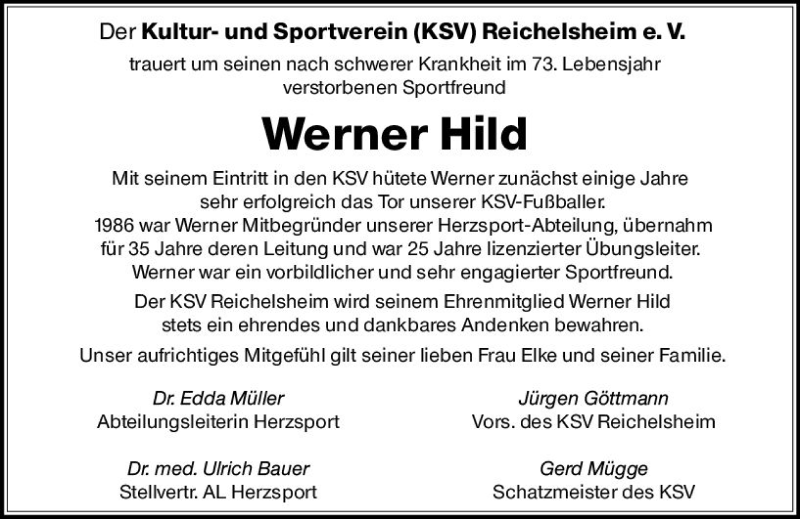  Traueranzeige für Werner Hild vom 29.05.2021 aus vrm-trauer