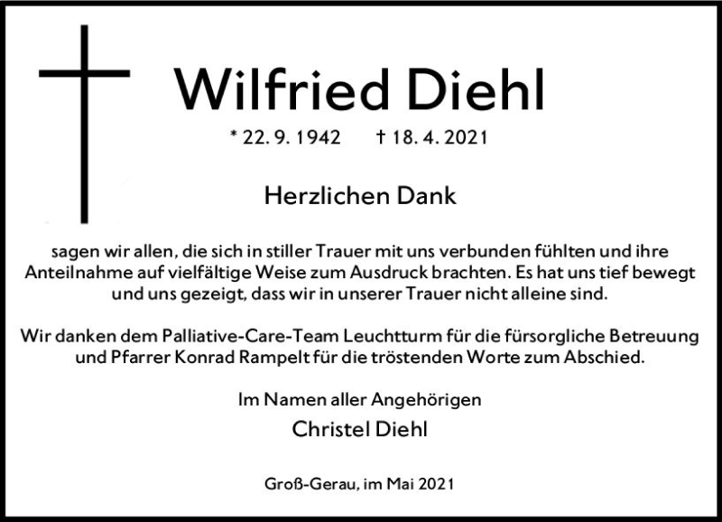  Traueranzeige für Wilfried Diehl vom 15.05.2021 aus vrm-trauer