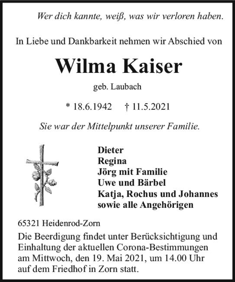  Traueranzeige für Wilma Kaiser vom 15.05.2021 aus vrm-trauer