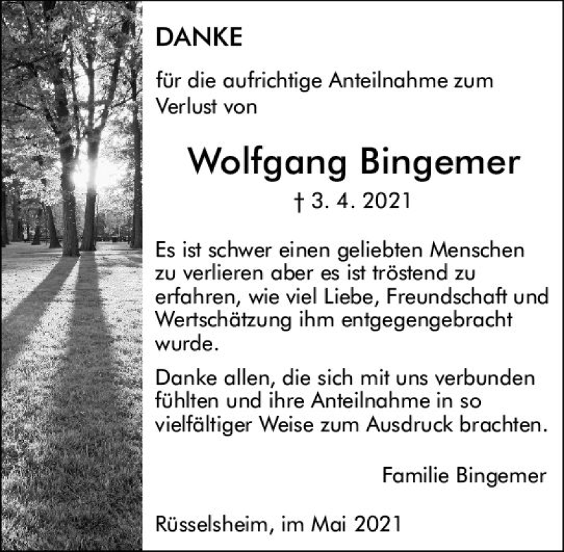  Traueranzeige für Wolfgang Bingemer vom 15.05.2021 aus vrm-trauer