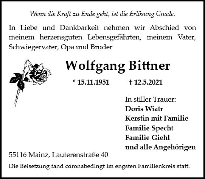  Traueranzeige für Wolfgang Bittner vom 29.05.2021 aus vrm-trauer