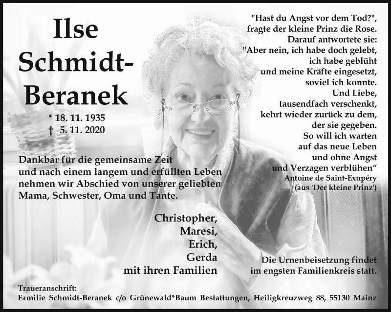  Traueranzeige für Ilse Schmidt-Beranek vom 21.11.2020 aus VRM Tageszeitungen